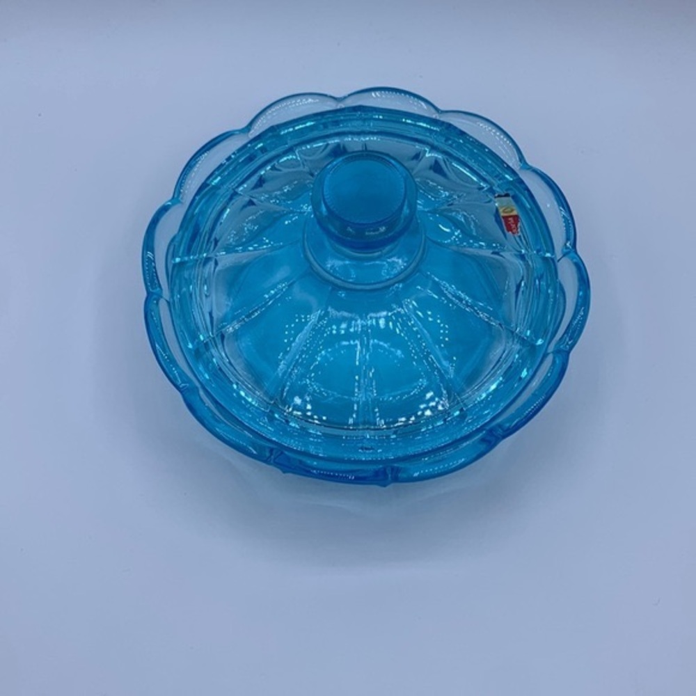 Vintage Fostoria Frosted Coin Azure Blue Candy Dish & Lid